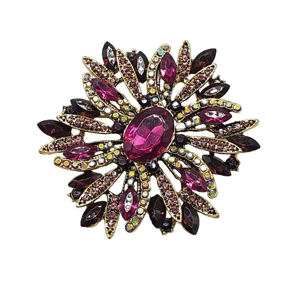 Aurora Borealis Rhinestone Purple Crystal Flower Brooch Pin Gold Tone Vintage